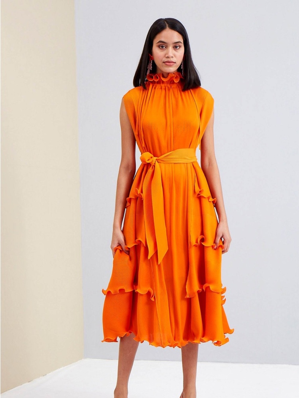 Scarlett Sage Orange Ruffle Midi Dress with Tie Waist